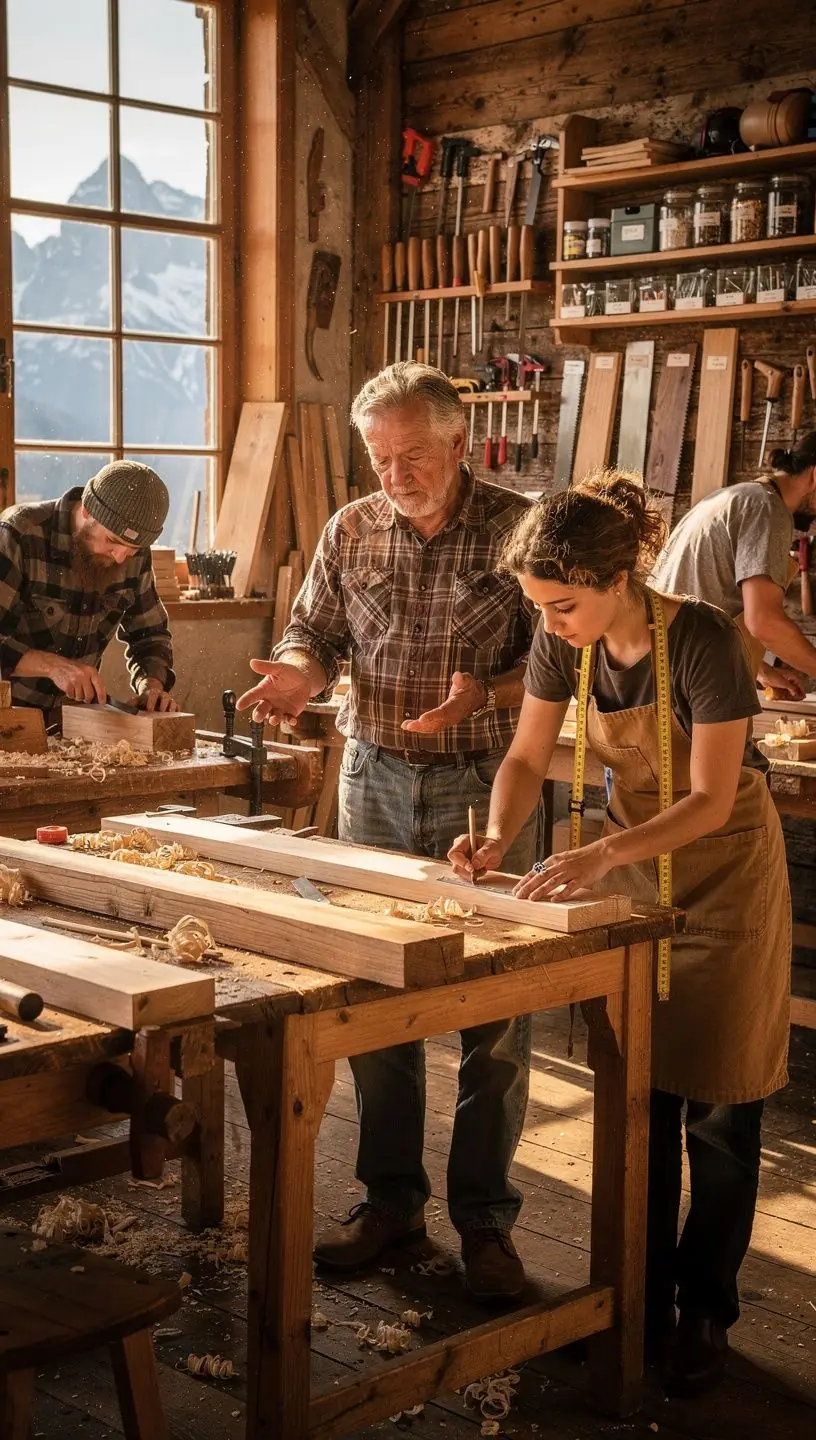 Eine Gruppe von Lernenden, die gemeinsam an einem Holzprojekt arbeiten.