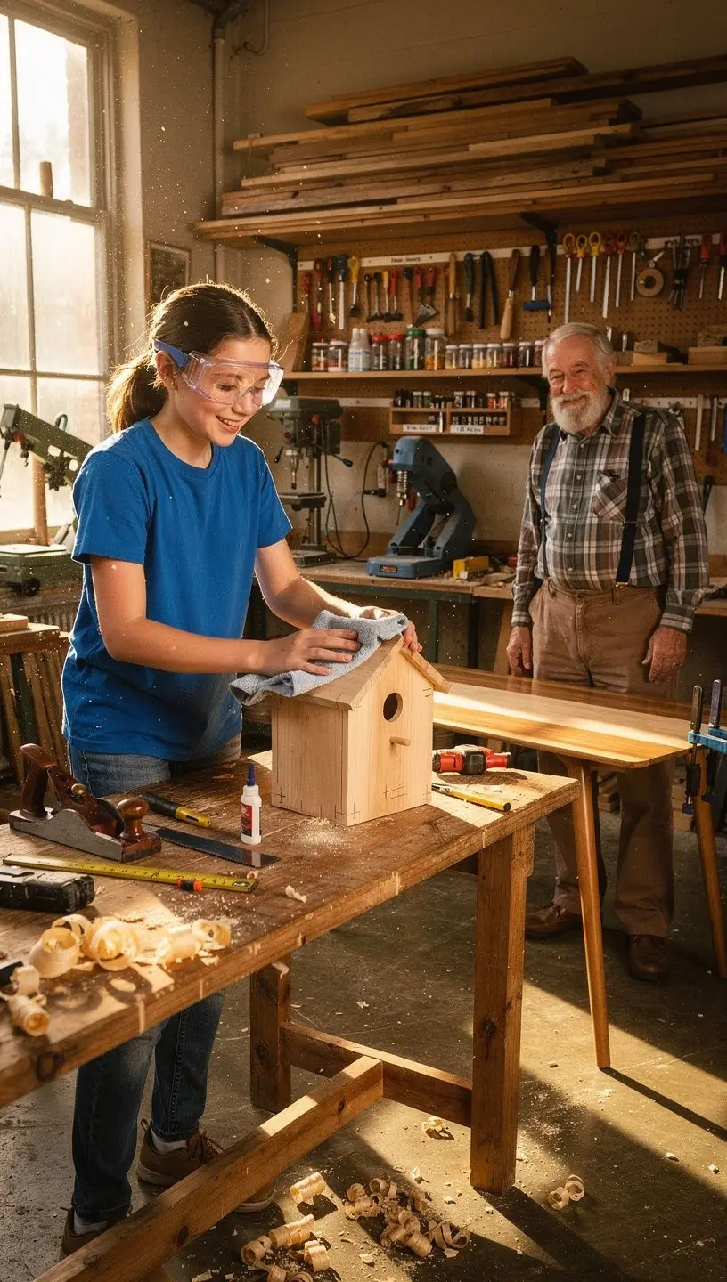 Ein Tischler bei der Arbeit an einem Holzmöbelstück in einer Werkstatt.