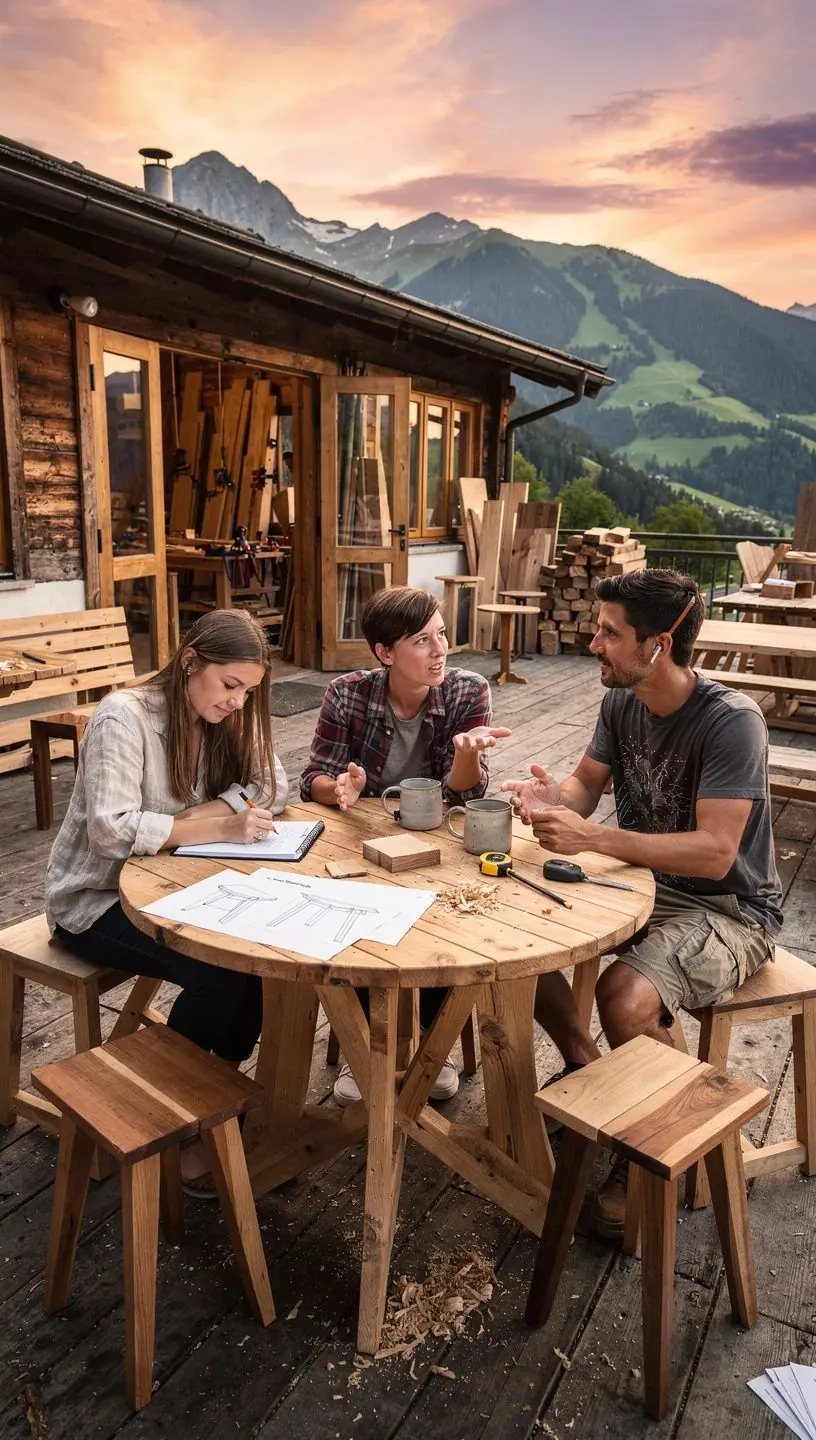 Detailaufnahme von Holzwerkzeugen auf einer Werkbank.