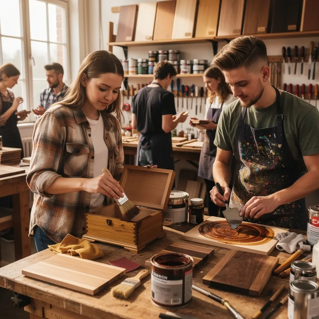 Ein Kursleiter zeigt Anfängern die Grundlagen der Holzverarbeitung während eines praktischen Workshops.