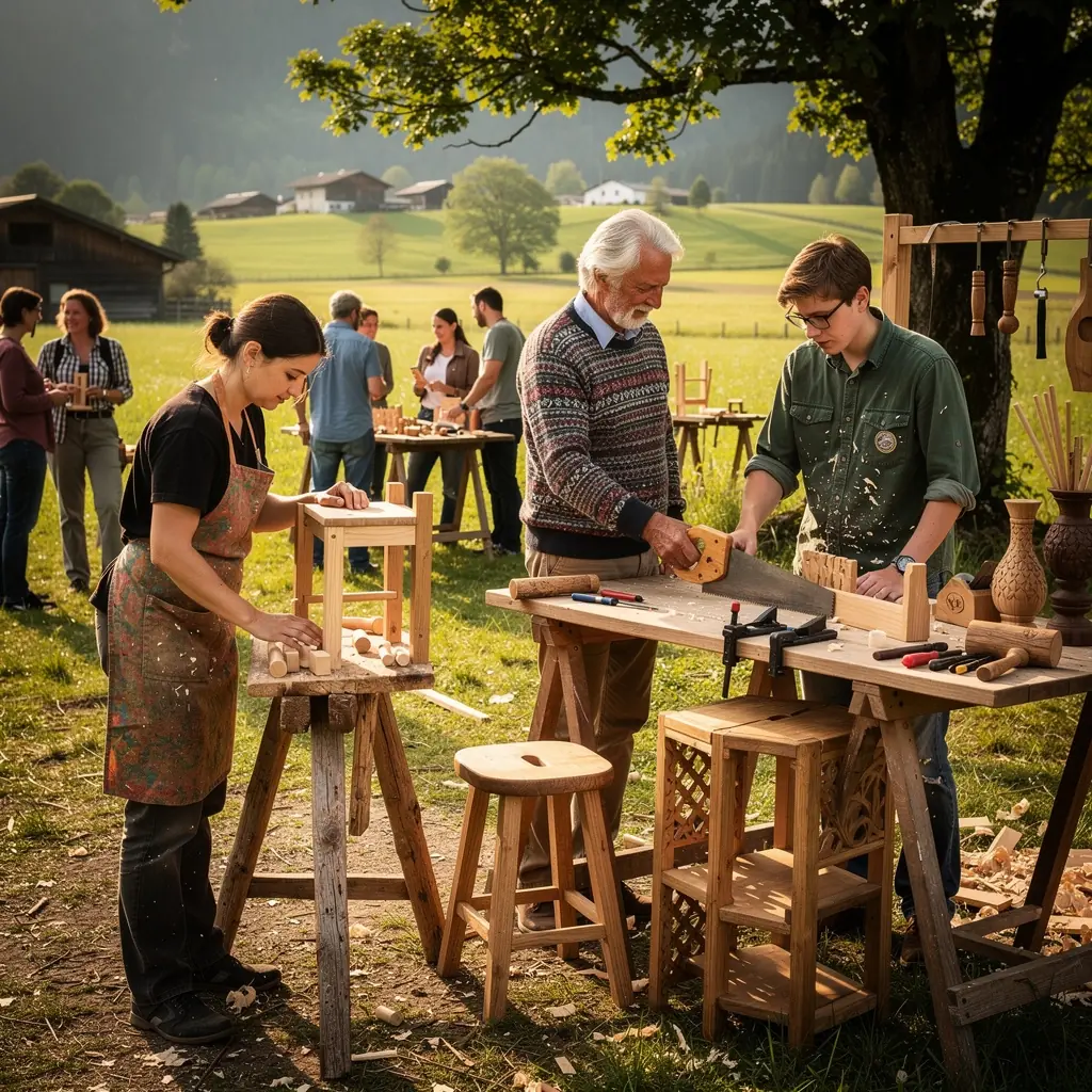 Eine Gruppe von Schülern sitzt an Werkbänken und gestaltet kreative Holzprojekte unter Anleitung.