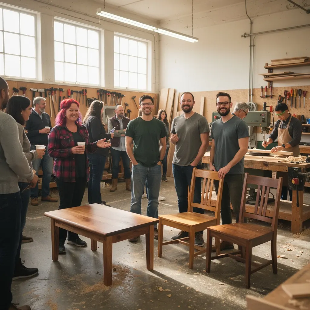 Ein Kursleiter zeigt Anfängern die Grundlagen der Holzverarbeitung während eines praktischen Workshops.
