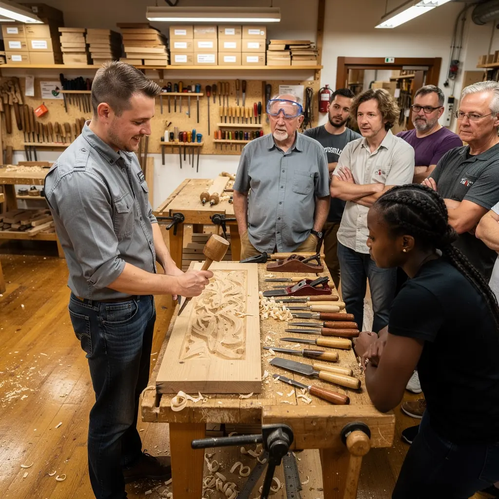 Ein Kursleiter zeigt Anfängern die Grundlagen der Holzverarbeitung während eines praktischen Workshops.
