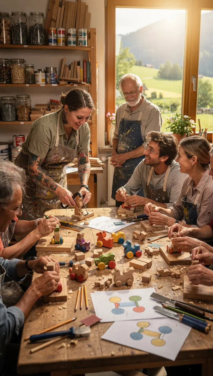 Ein Kursleiter zeigt Anfängern die Grundlagen der Holzverarbeitung während eines praktischen Workshops.