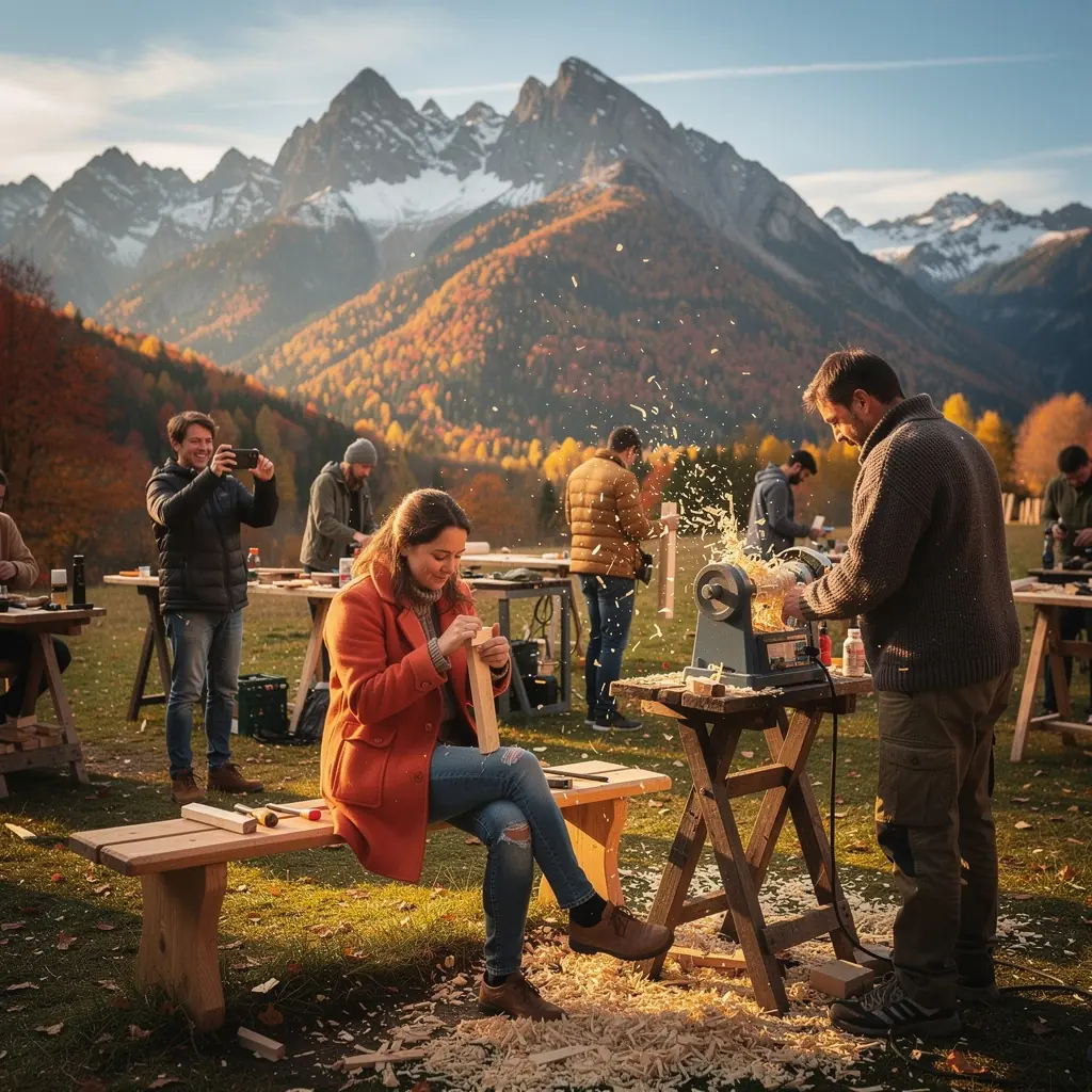 Ein Kursleiter zeigt Anfängern die Grundlagen der Holzverarbeitung während eines praktischen Workshops.