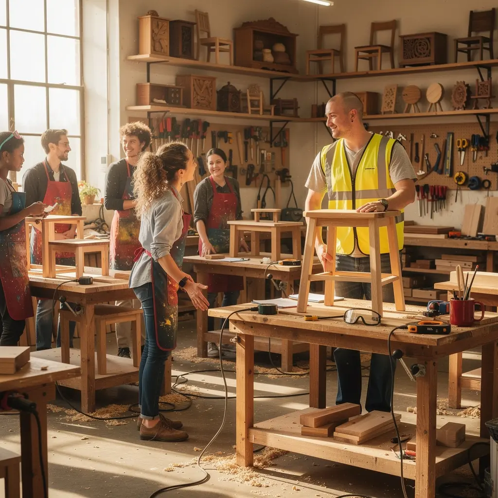 Ein Kursleiter zeigt Anfängern die Grundlagen der Holzverarbeitung während eines praktischen Workshops.