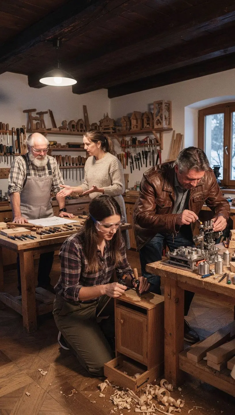 Ein erfahrener Tischler arbeitet an einem schönen Holzmöbelstück in einer Werkstatt.