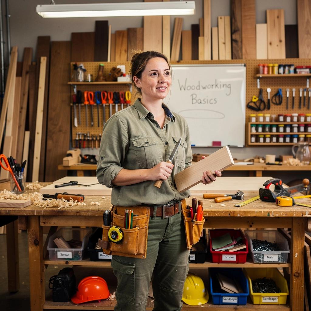 Ein Schüler, der stolz sein selbstgebautes Regal präsentiert.